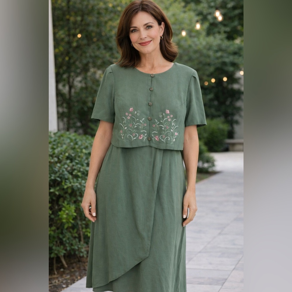 Asymmetrical Green Dress with Floral Embroidery